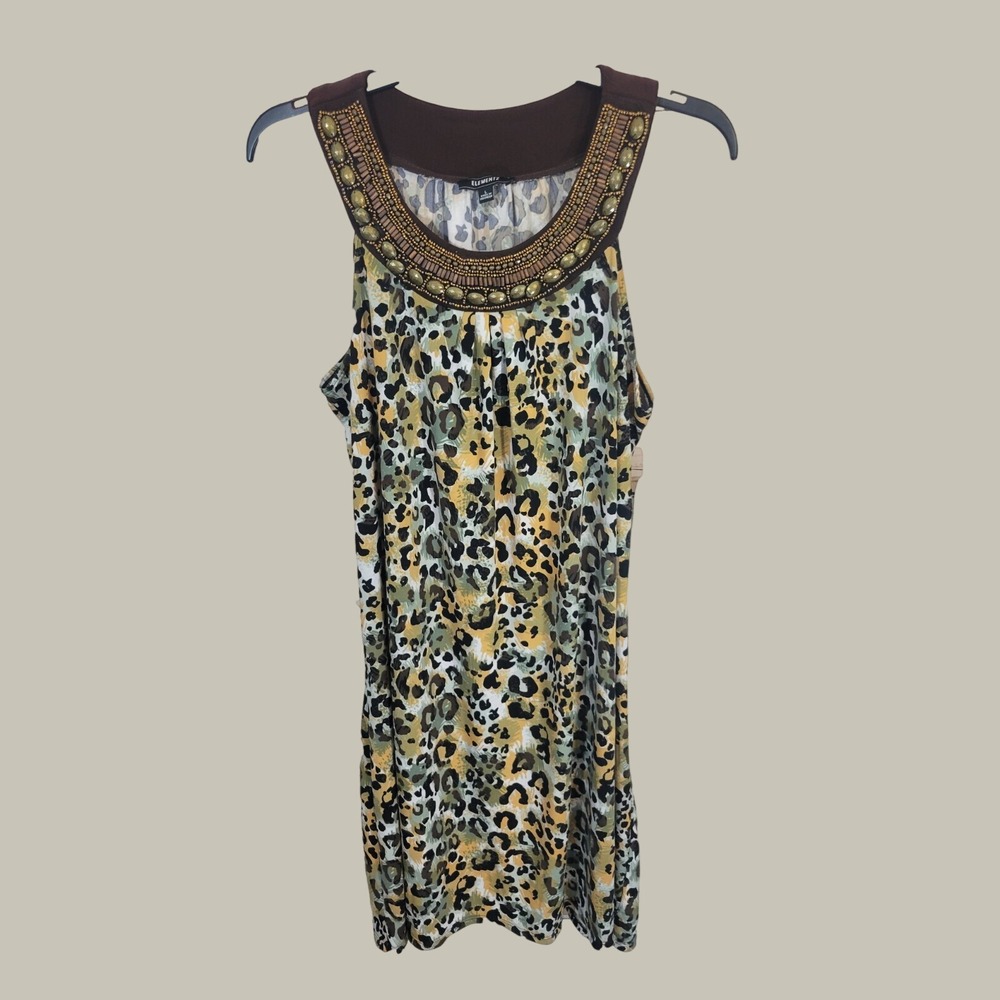 NWT Elementz Tank Top Bohemian Leopard Beaded Neckline Sammy Brown Gold Large